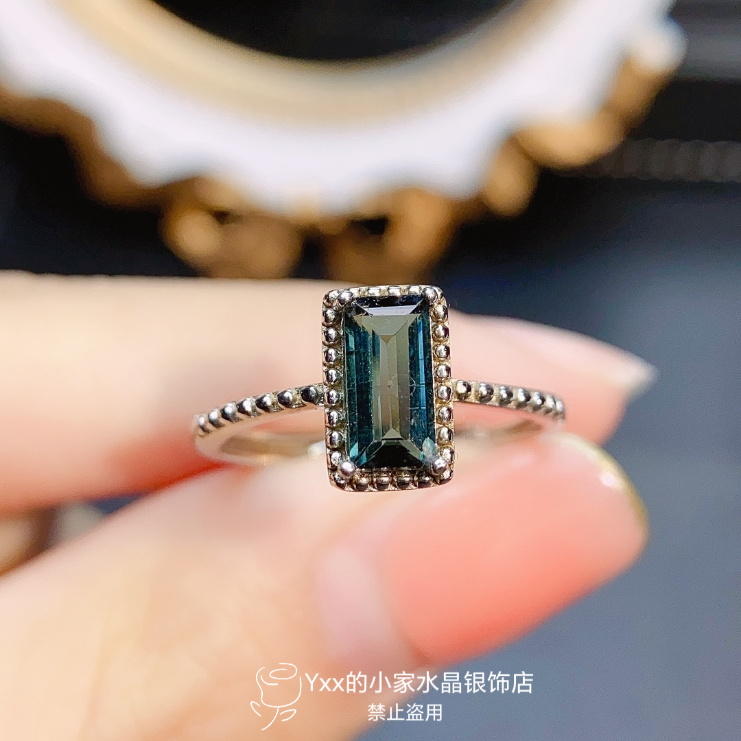 天然碧玺戒指女纯银镶嵌水晶绿碧玺4乘8方戒活口百搭时尚银饰指环