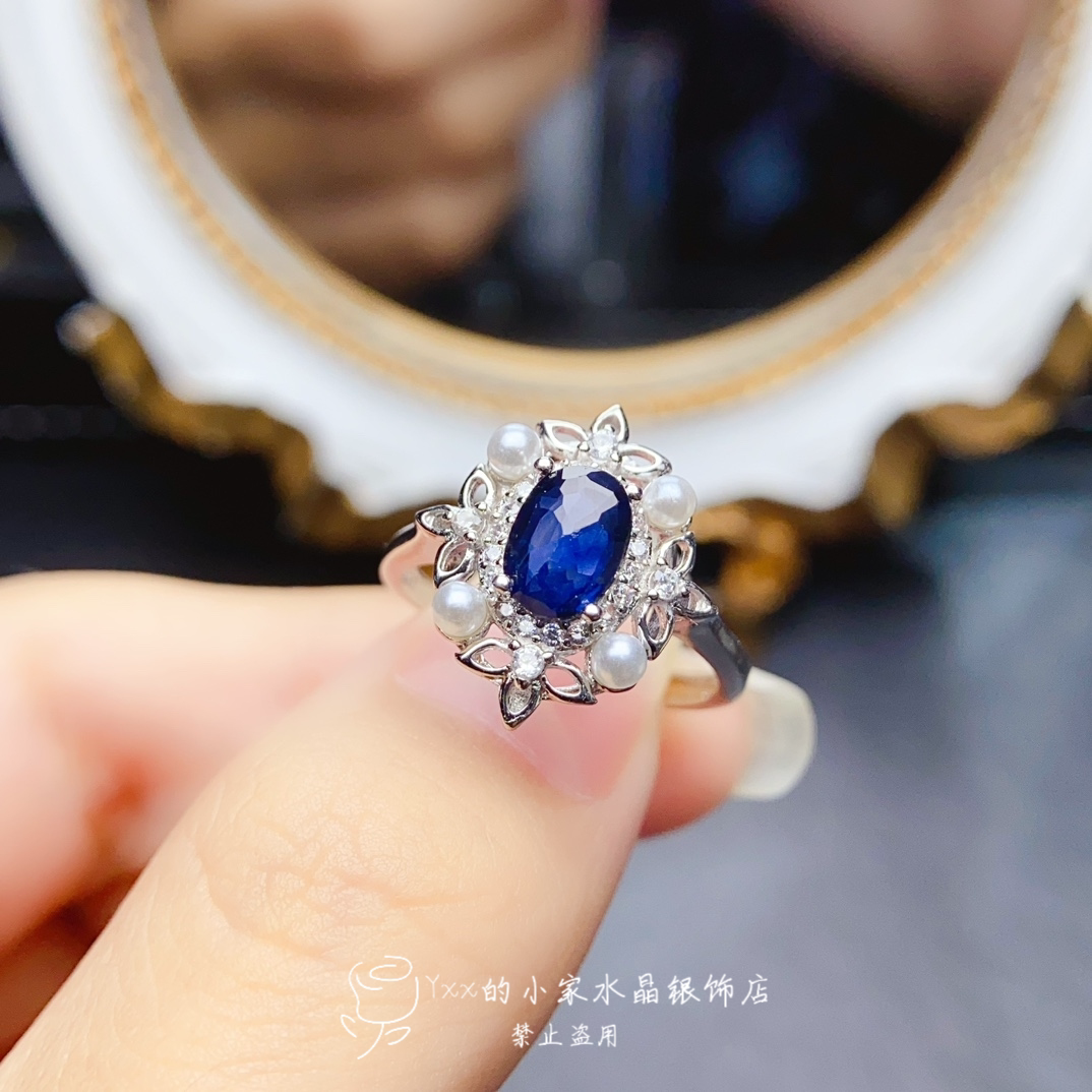 天然蓝宝石戒指5乘7贝珠款