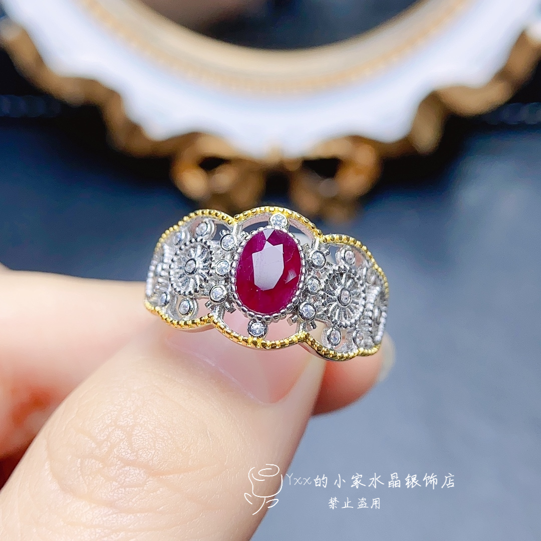 天然红宝石戒指女 纯银镶嵌宝石5乘7老烧时尚轻奢鸽血红银饰指环