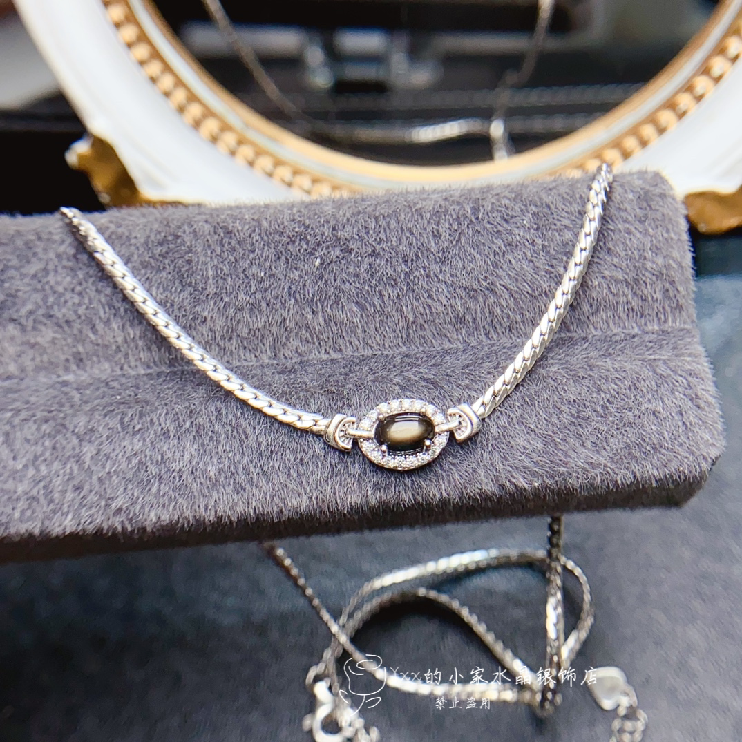 天然蓝宝石吊坠女 纯银镶嵌宝石4乘6星光蓝宝石银饰项链时尚个性