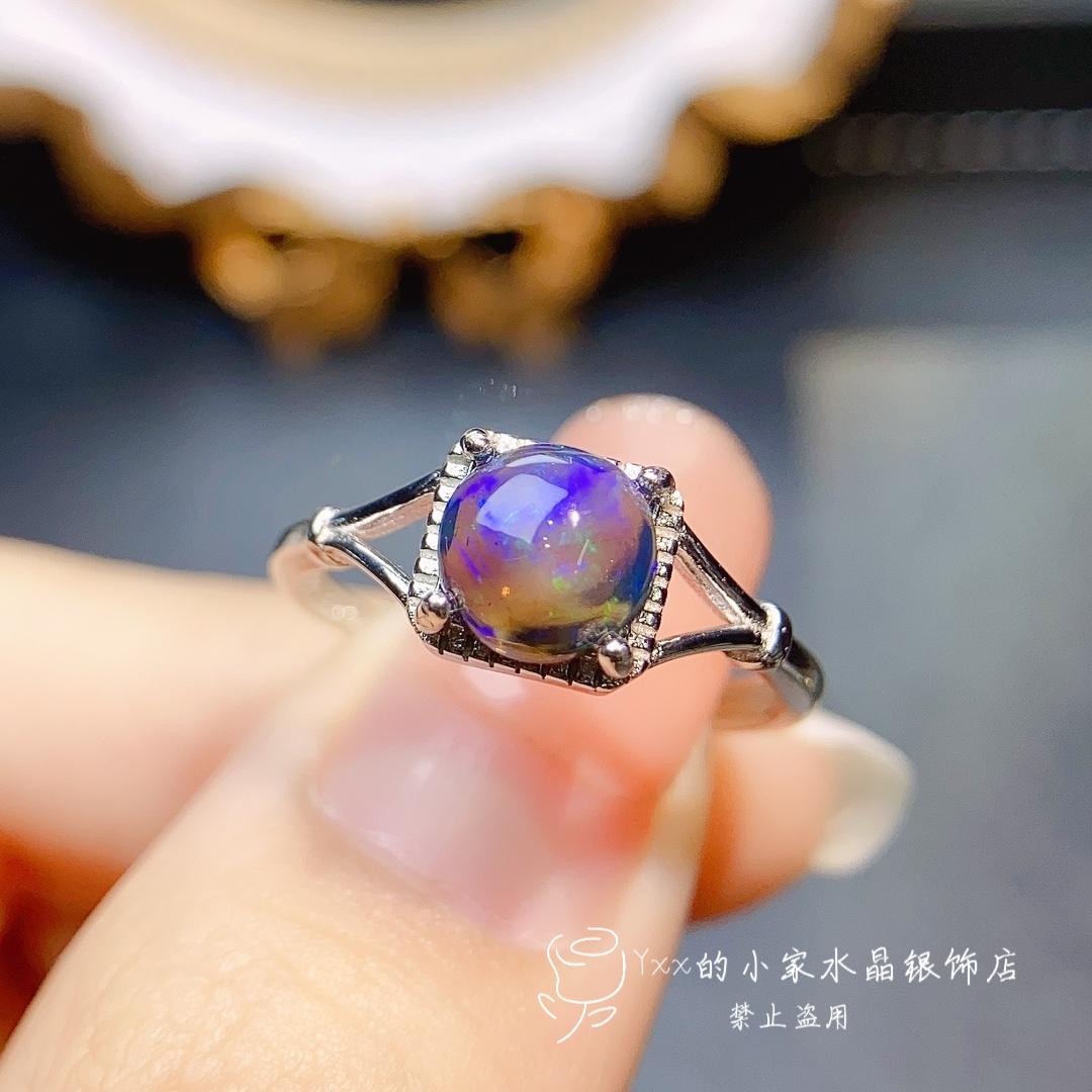 天然黑欧泊戒指女 纯银镶嵌宝石7乘7/6乘6个性时尚银饰指环开口戒