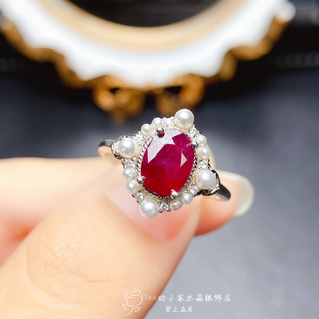 天然红宝石戒指女纯银镶嵌宝石6乘8老烧贝珠款时尚银饰开口指环