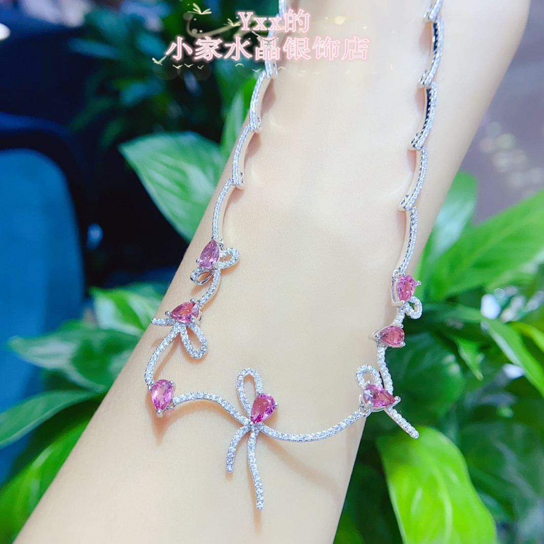 天然碧玺项链女 纯银镶嵌水晶银饰套链水晶晚宴链时尚奢华链排
