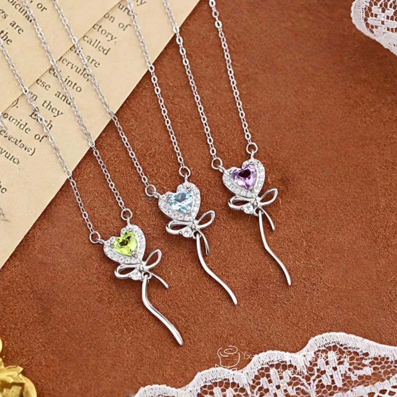 S925纯银海洋之心天然托帕石吊坠女5mm/同款橄榄石紫水晶银饰项链