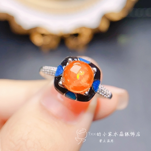 925银镶嵌宝石7乘7个性 天然火欧泊戒指女 糖塔火彩爆闪银饰指环