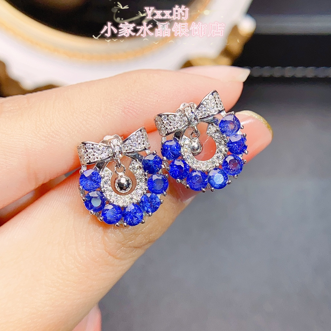 甜甜圈天然蓝宝石耳钉3乘4