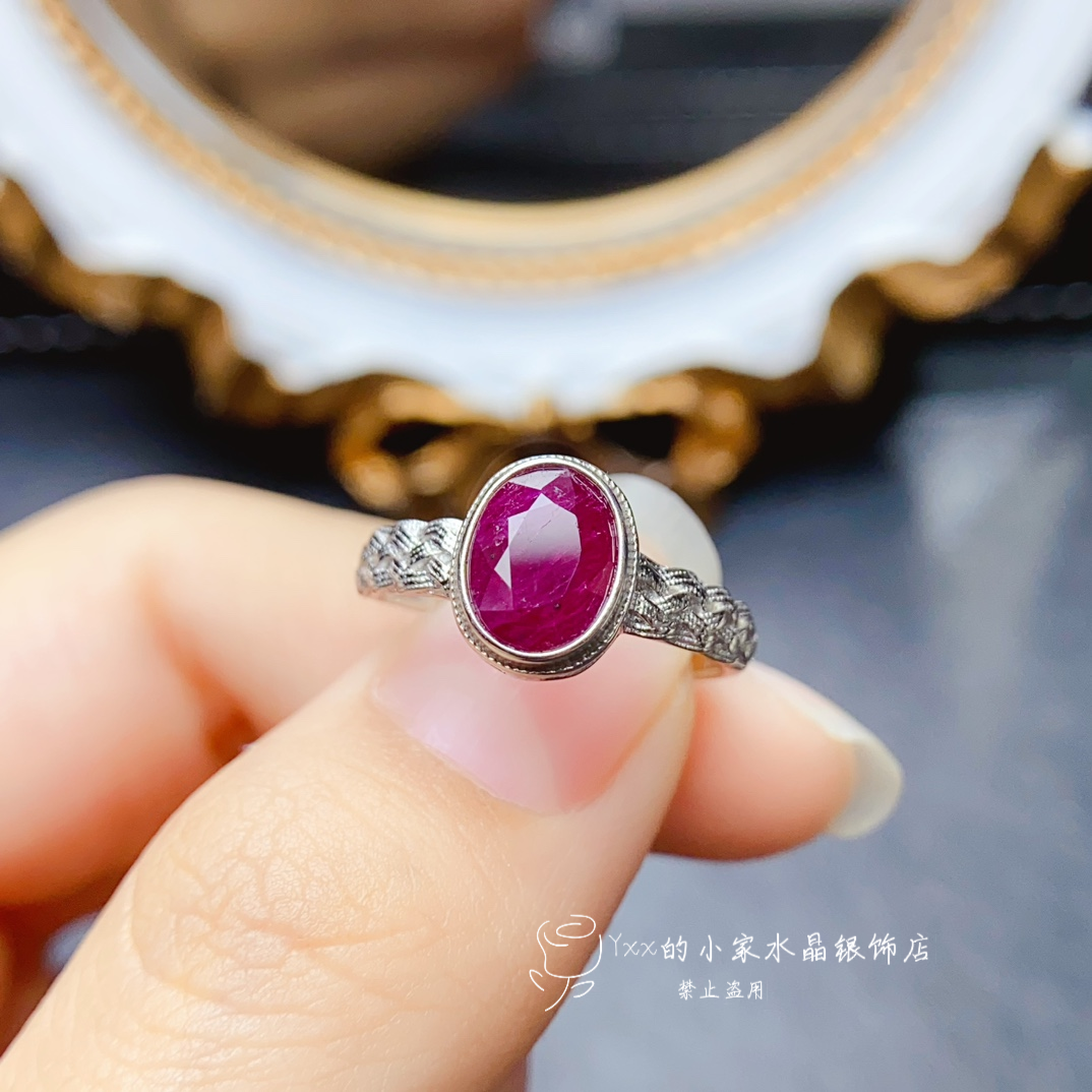 天然红宝石戒指女 纯银镶嵌宝石6乘8老烧简约时尚银饰开口指环
