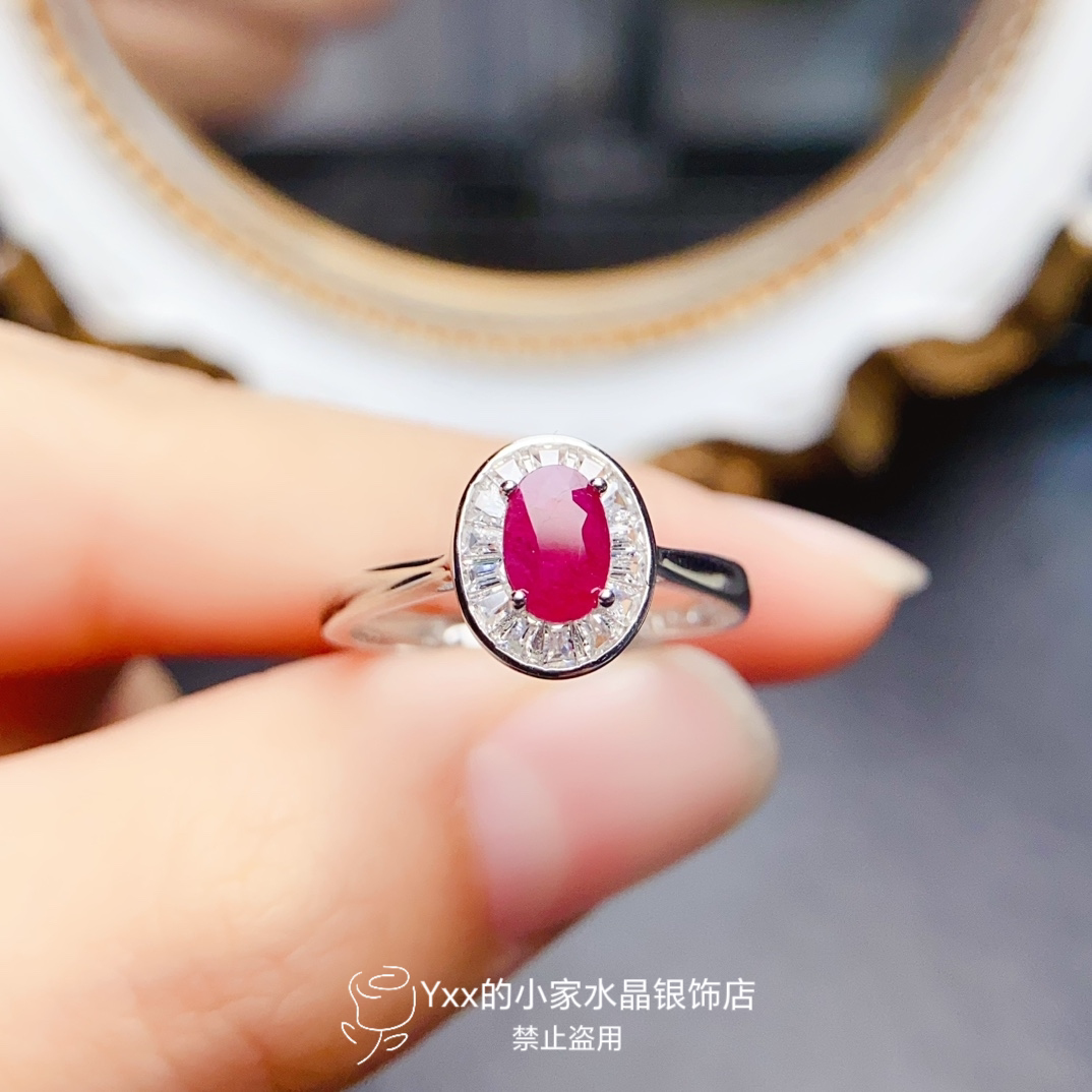 天然红宝石戒指女纯银镶嵌宝石4乘6老烧简约个性时尚银饰开口指环