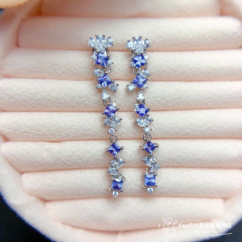 天然坦桑石耳钉流苏长款