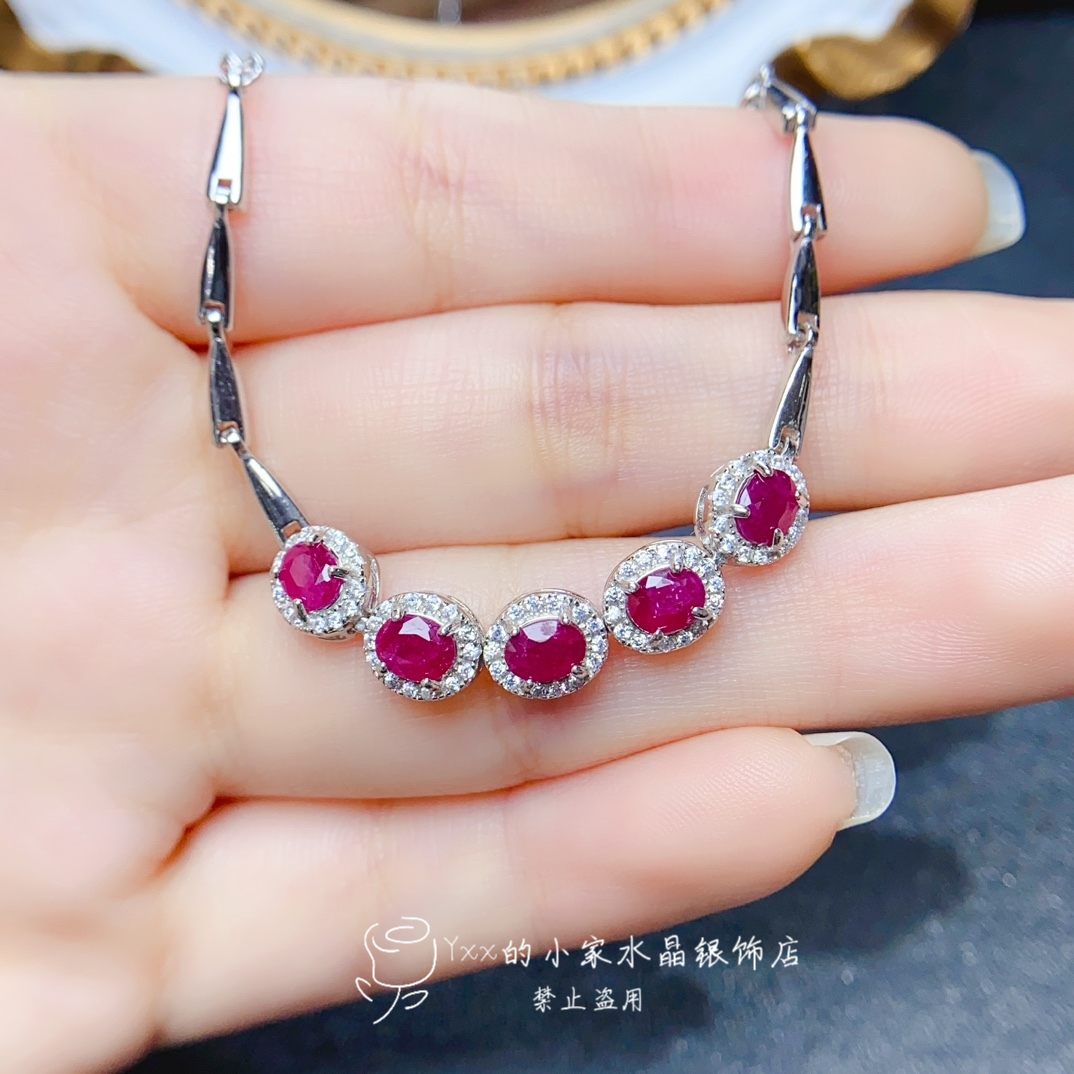 天然红宝石手链女925银镶嵌老烧宝石4乘5简约气质银饰手环饰品