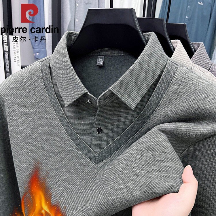 皮尔卡丹假两件毛衣男中年爸爸休闲加厚保暖上衣加绒含羊毛打底衫