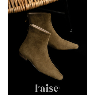 aise 基础款 Full 经典 方头复古靴子低跟切尔西反绒短靴 Grain