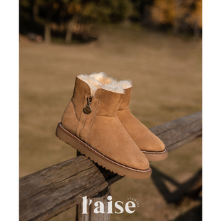 侧拉链中筒雪地靴加厚羊毛短靴 复古羊毛皮毛一体 aise暖冬主义