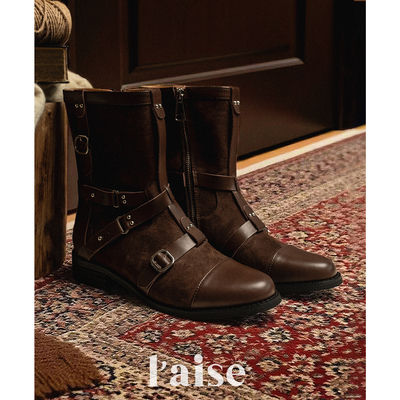 L'aise绑带马术复古短靴