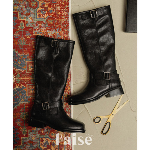 L'aise做旧宽筒复古不过膝骑士靴