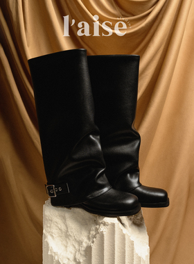 L'aise《鹦鹉梨严选》Hand-Woven褶皱裤管靴子不过膝堆堆骑士靴