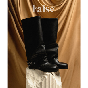 Woven褶皱裤 Hand 鹦鹉梨严选 管靴子不过膝堆堆骑士靴 aise