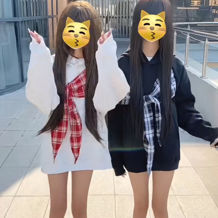 美式蝴蝶结格子绑带连帽卫衣女国潮牌秋冬设计感小众情侣慵懒外套