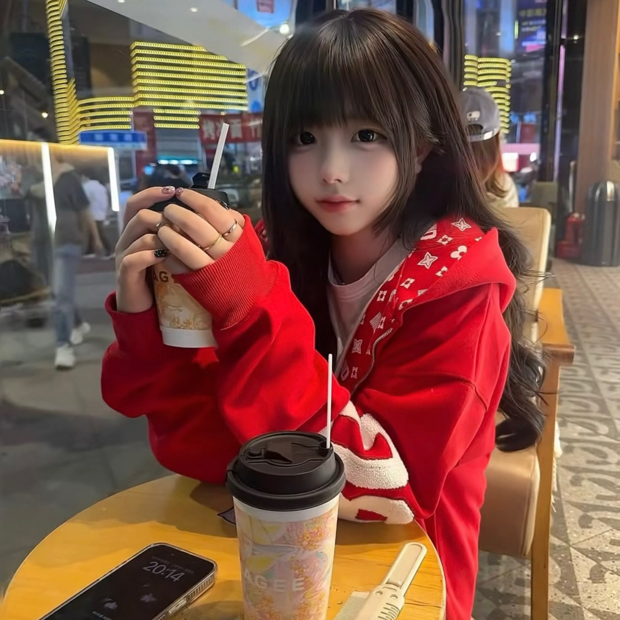 美式高街红色字母刺绣开衫连帽卫衣女秋冬加绒潮牌情侣装拉链外套
