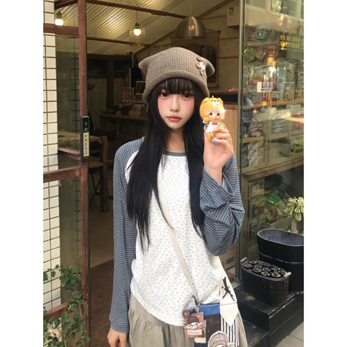 韩系复古撞色碎花条纹口袋长袖t恤女秋季新款修身设计感小众上衣