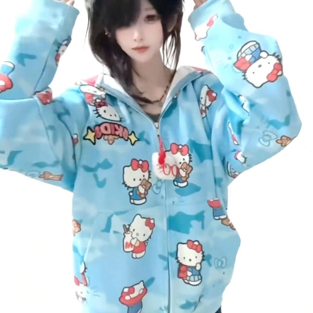 美式KT猫咪卡通满印连帽卫衣