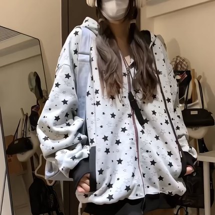 美式复古星星满印刺绣连帽卫衣女春秋慵懒风宽松休闲拉链开衫外套