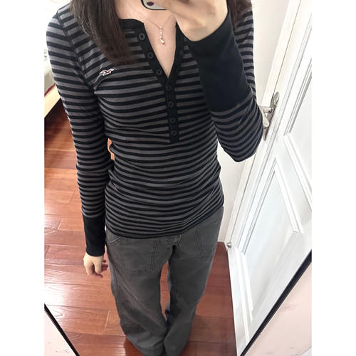 美式小海鸥亨利领条纹正肩长袖t恤女秋季新款修身显瘦设计感上衣