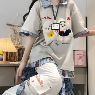 短袖 可爱毛绒小狗polo衫 t恤女挂牌拼接假两件设计感小众宽松上衣
