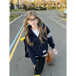 经典百搭杠条拉链连帽开衫卫衣女秋季2026新款宽松慵懒风基础外套