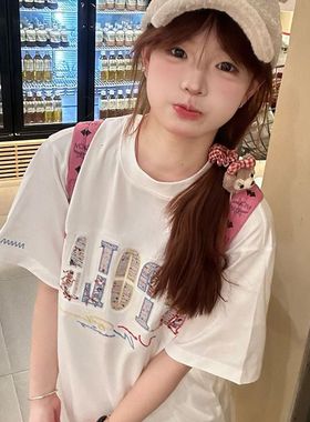 美式复古彩虹字母刺绣短袖t恤女夏季新款宽松oversize纯棉上衣潮