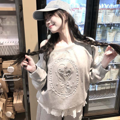 美式高街辣妹斜肩长袖卫衣