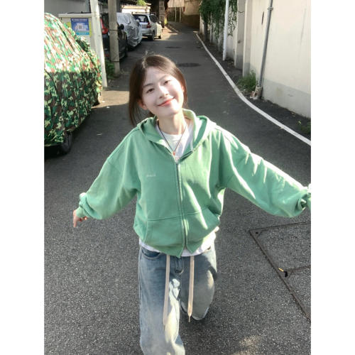 韩系水洗复古绿色连帽开衫卫衣女春秋2026新款松弛感chic百搭外套