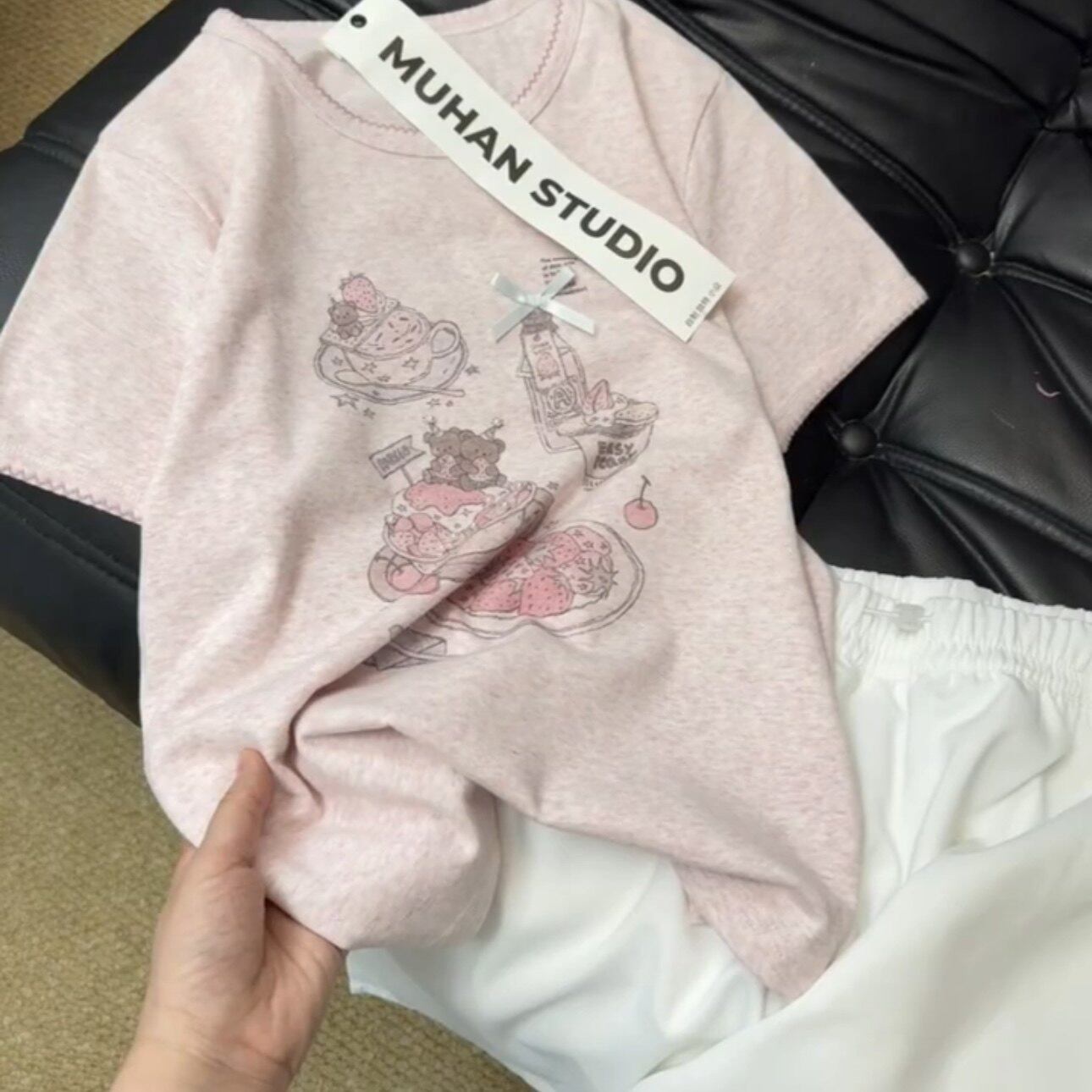 甜美粉色甜品蝴蝶结短袖t恤女夏季新款高级感宽松慵懒设计感上衣