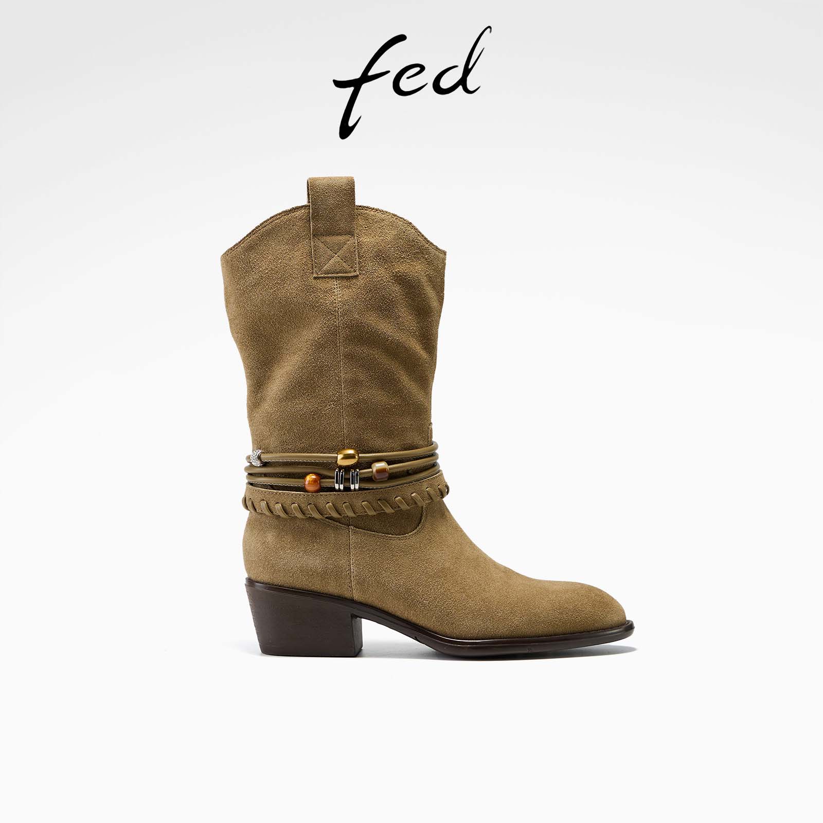 fed绒面短靴冬季新款女靴串珠时装靴V口西部靴女款S1018-ZCA316