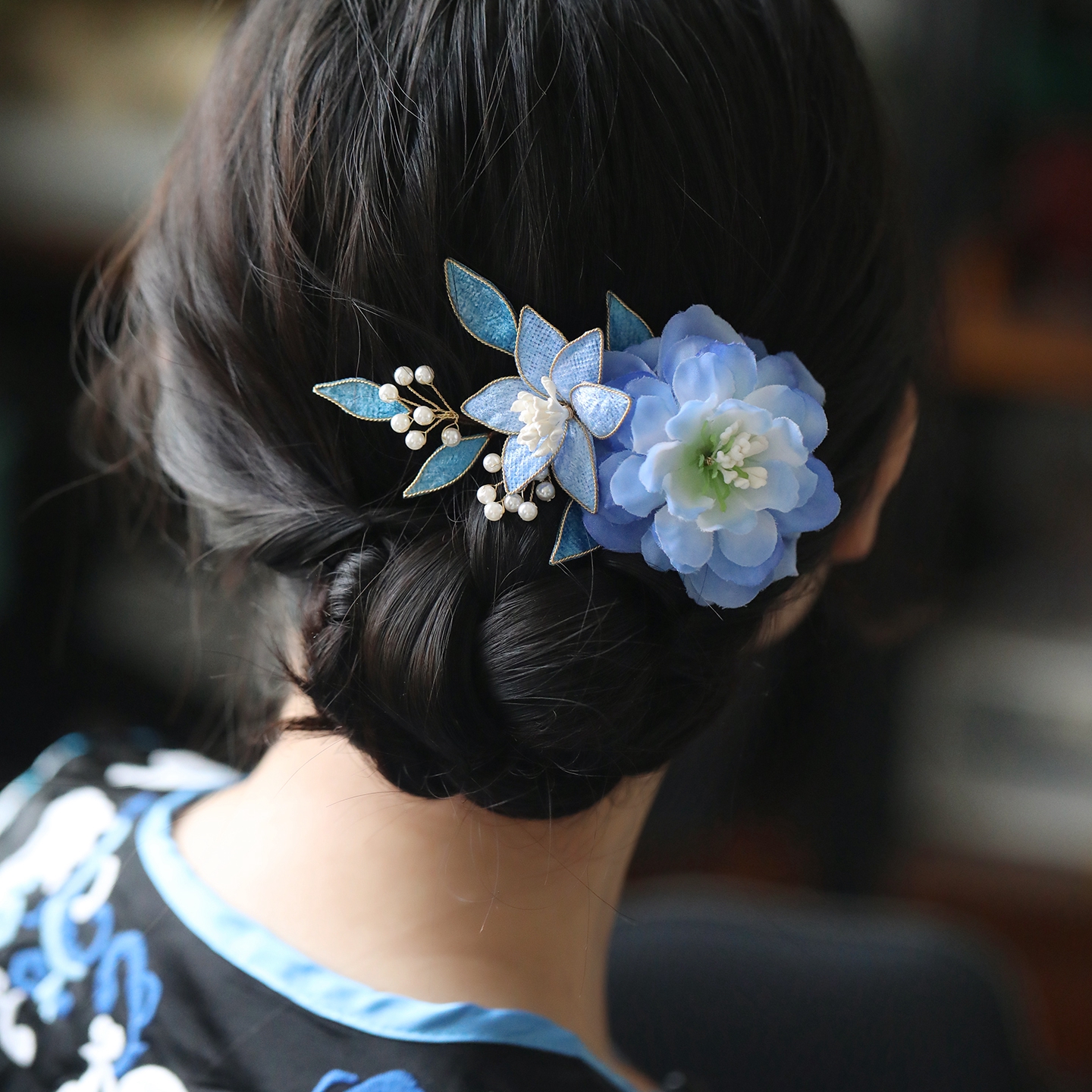 古风盘发头饰超仙蓝色发饰清汉女古装夹子侧边旗袍配饰唐风头饰