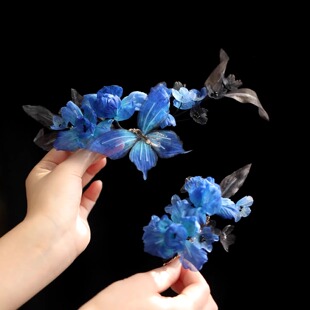 古风汉服头饰超仙烫花蓝色蝴蝶古典舞发饰侧边夹盘发唐风配饰夹子