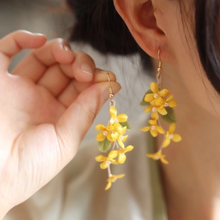 芊墨夏禾小清新长款绿叶桂花花卉耳环超仙气质旗袍耳坠复古配饰女