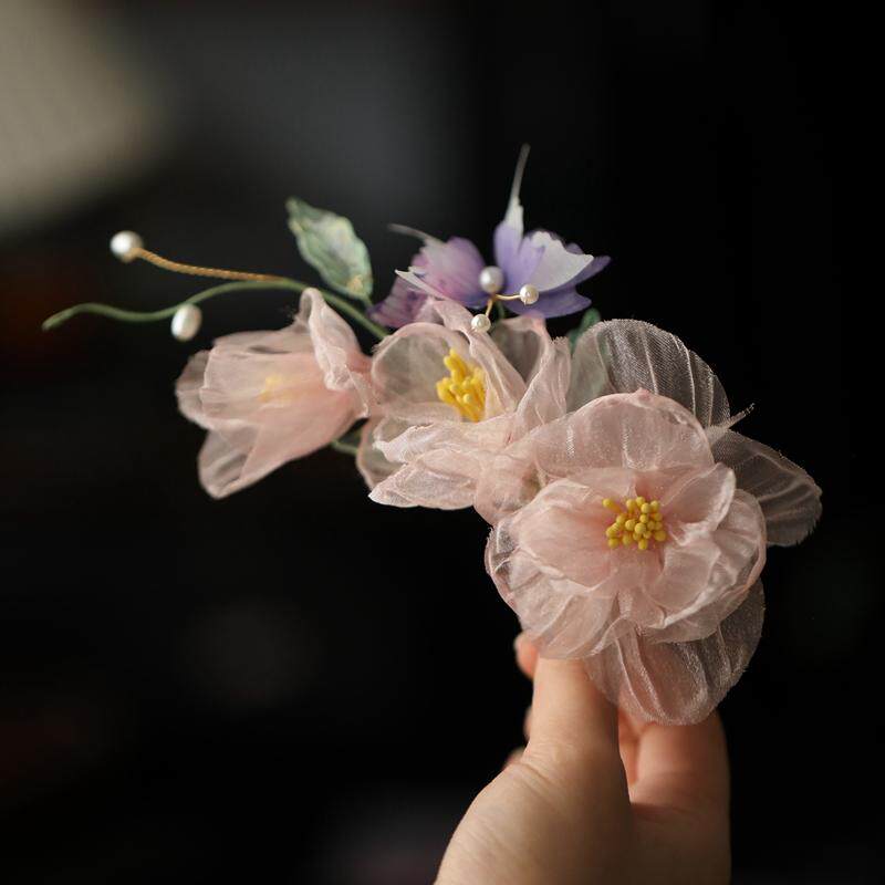 古风夹子头饰芍药发夹绢纱春夏粉嫩花朵边夹森系 仙美唐明风 发饰