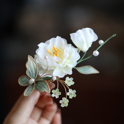 古风花朵头饰森系仙美发夹古典汉服配饰少女清新绿蝴蝶夹子发饰