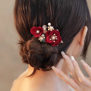 夹子头饰发夹 古风汉服配饰侧夹秀禾服红色花朵旗袍发饰订婚头饰