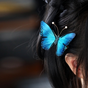 新中式羽毛蝴蝶侧边夹古风汉服头饰森系超仙发夹后脑勺发饰蓝色女
