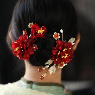 秀禾头饰红色盘发马面裙旗袍新娘发夹古风气质发饰清汉女汉服配饰