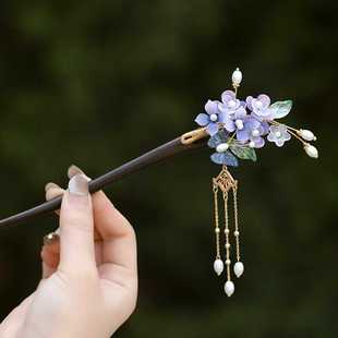 古风汉服头饰木簪 超仙花朵盘发旗袍簪子 紫藤花发簪 古典新中式