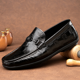 乐福鞋 金利来男鞋 男士 鸵鸟纹压花真皮时尚 开车一脚蹬商务休闲皮鞋