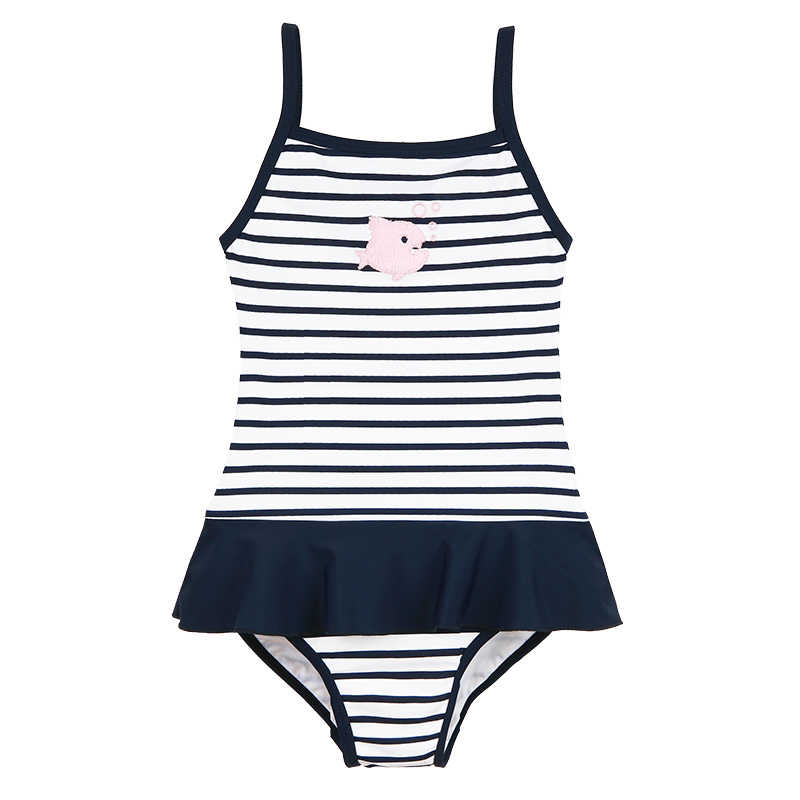 外贸清仓海军条纹刺绣热带鱼女大童游泳衣连体防晒吊带8-12岁包邮
