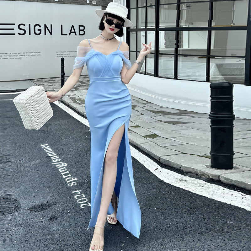 一字肩礼服新款高级感气质名嫒连衣裙轻奢小众高端性感开叉鱼尾裙