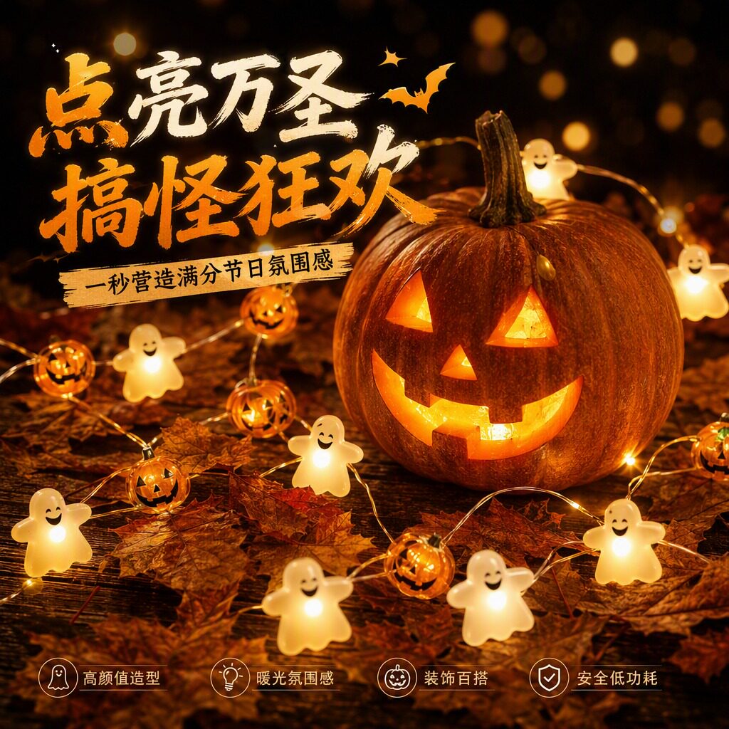 万圣节南瓜灯LED装饰灯串幽灵小鬼造型氛围灯密室酒吧场景布置
