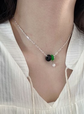 925纯银网红黑绿玉石珍珠项链小众高级感锁骨链