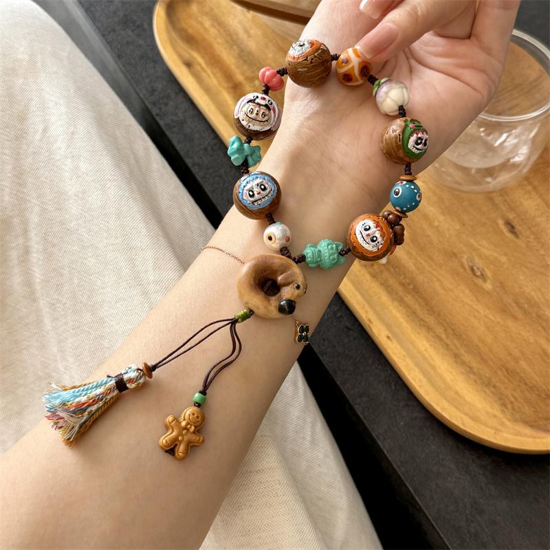 桃核拉布布搭配鹿角根付腊肠狗菱镁矿蝴蝶结彩绘老琉璃珠姜饼人