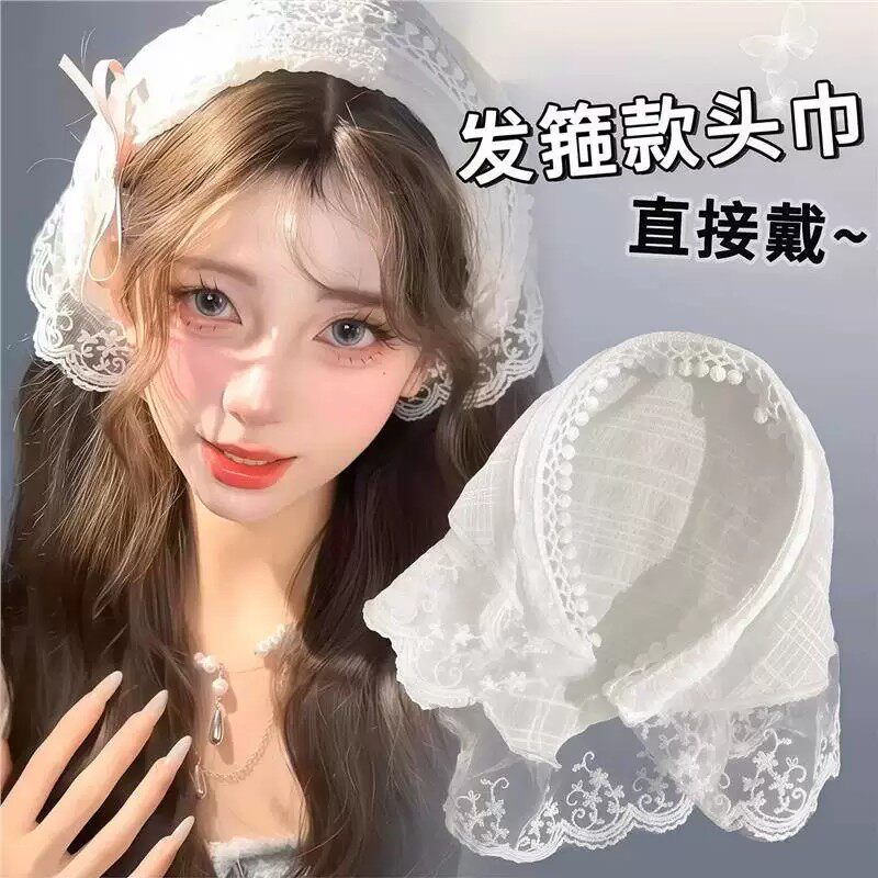 2026新款蕾丝发箍头巾一体女田园风白色包头三角巾海边发带头饰
